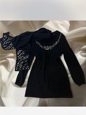 Black Knit sweater dress and scarf with sequin Detail